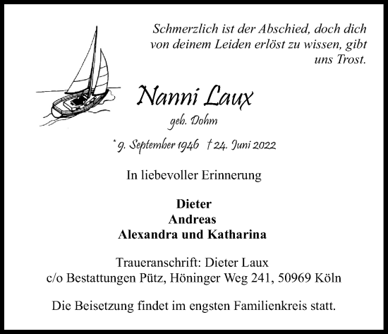 Anzeige von Nanni Laux von Kölner Stadt-Anzeiger / Kölnische Rundschau / Express