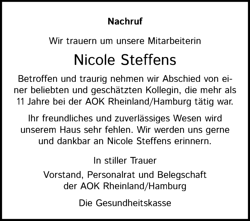  Traueranzeige für Nicole Steffens vom 02.07.2022 aus Kölner Stadt-Anzeiger / Kölnische Rundschau / Express