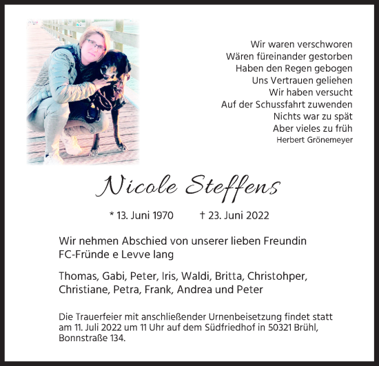 Anzeige von Nicole Steffens von Kölner Stadt-Anzeiger / Kölnische Rundschau / Express