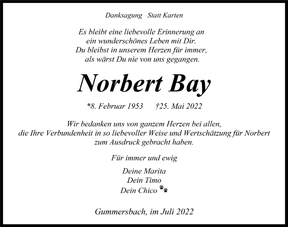  Traueranzeige für Norbert Bay vom 08.07.2022 aus  Anzeigen Echo 