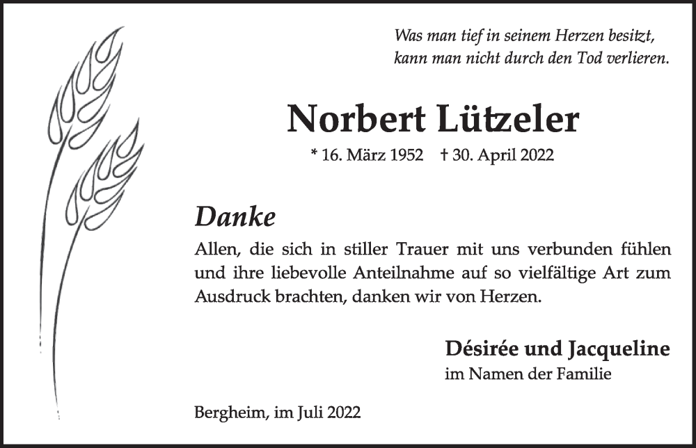  Traueranzeige für Norbert Lützeler vom 22.07.2022 aus  Werbepost 