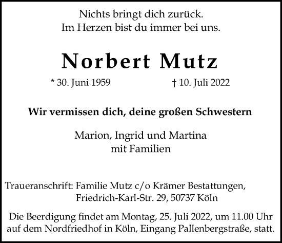 Anzeige von Norbert Mutz von Kölner Stadt-Anzeiger / Kölnische Rundschau / Express