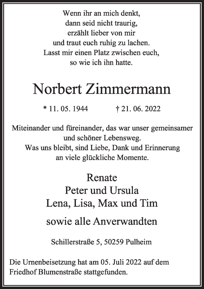 Traueranzeige für Norbert Zimmermann vom 08.07.2022 aus  Wochenende 