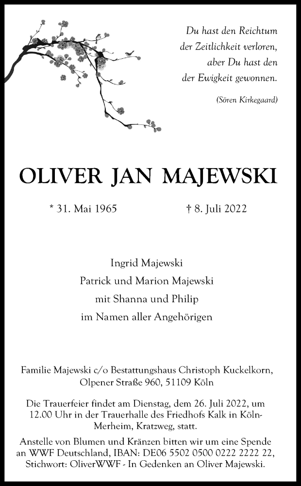  Traueranzeige für Oliver Jan Majewski vom 16.07.2022 aus Kölner Stadt-Anzeiger / Kölnische Rundschau / Express