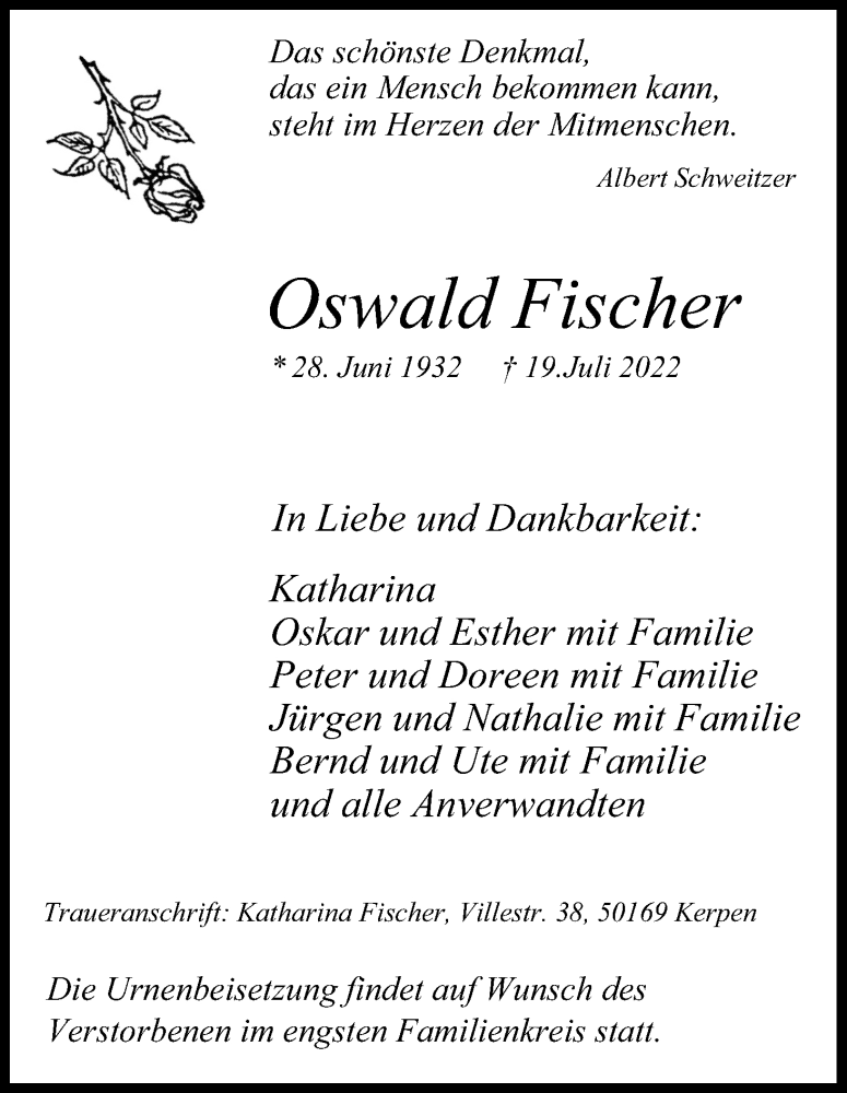  Traueranzeige für Oswald Fischer vom 30.07.2022 aus Kölner Stadt-Anzeiger / Kölnische Rundschau / Express