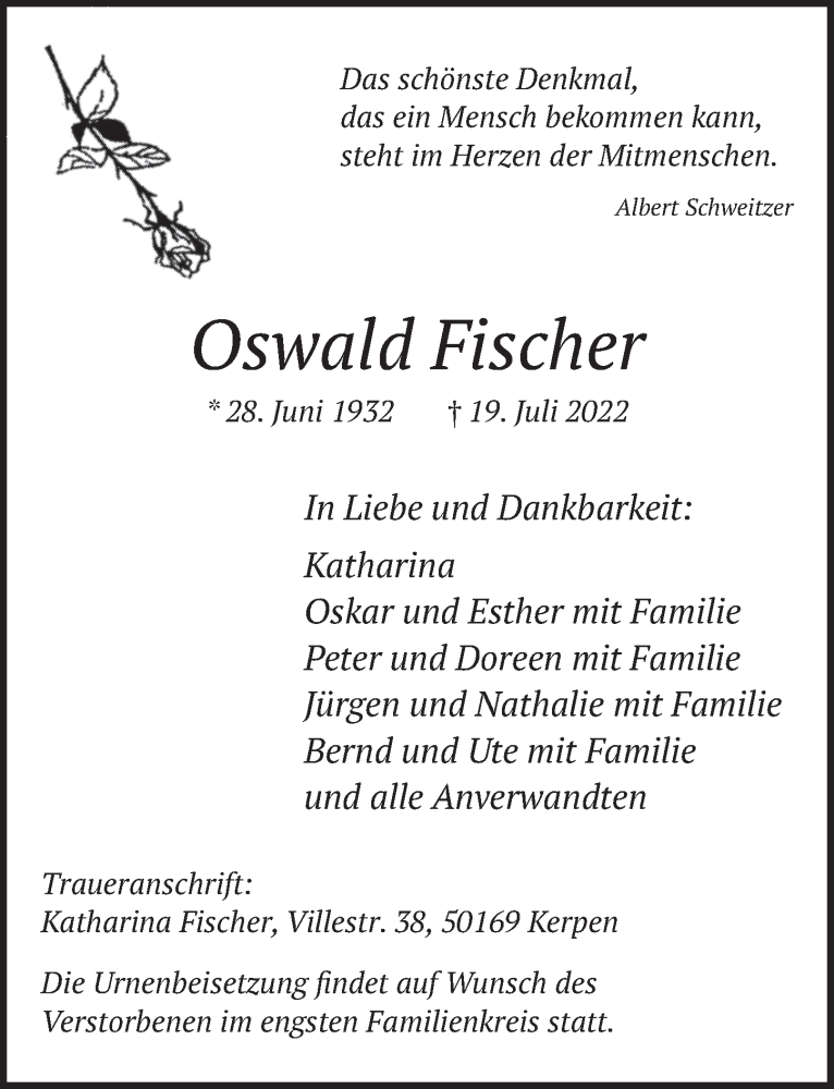  Traueranzeige für Oswald Fischer vom 29.07.2022 aus  Werbepost 