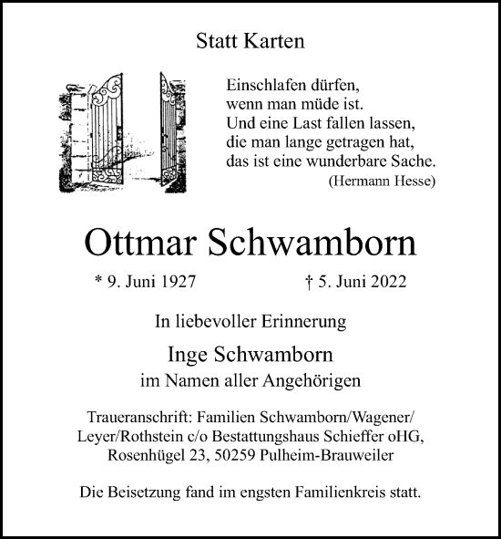 Anzeige von Ottmar Schwamborn von Kölner Stadt-Anzeiger / Kölnische Rundschau / Express