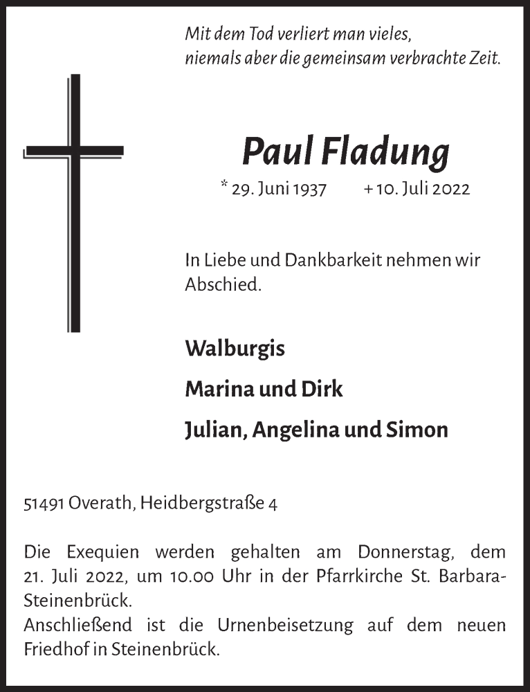  Traueranzeige für Paul Fladung vom 15.07.2022 aus  Bergisches Handelsblatt 