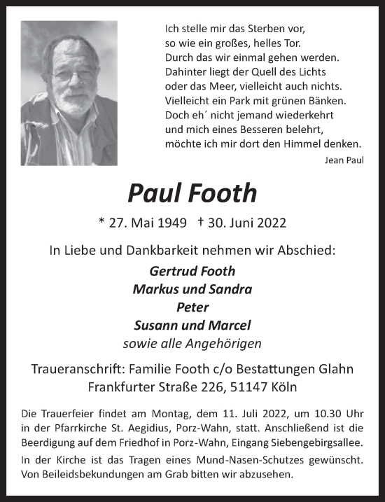Anzeige von Paul Footh von  EXPRESS - Die Woche 
