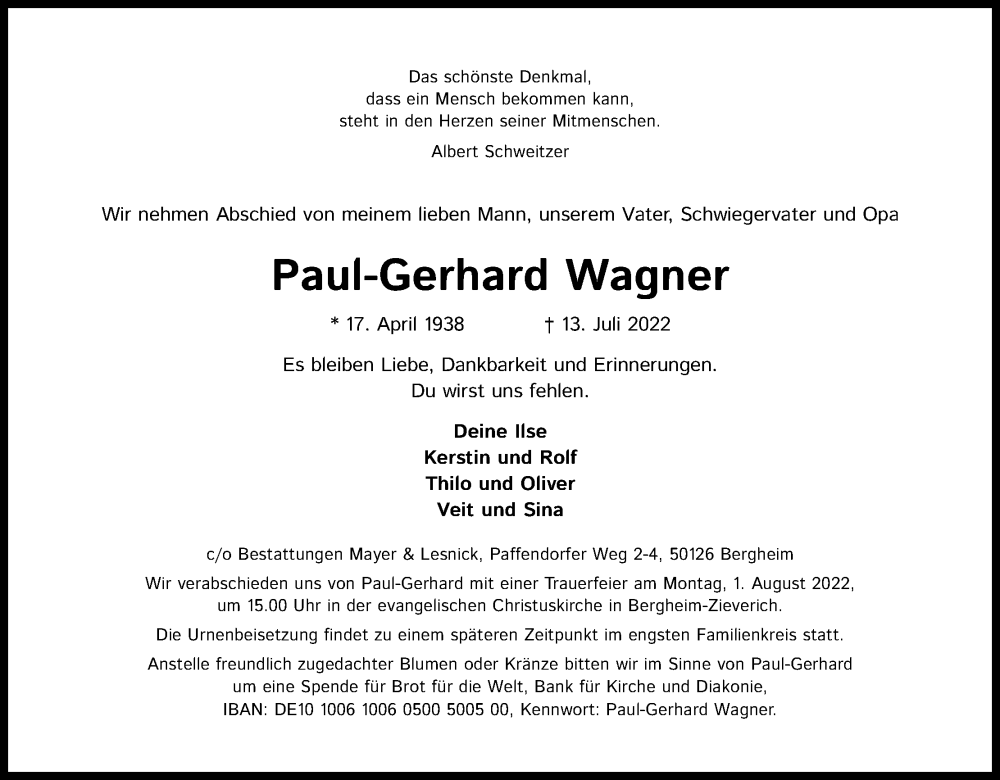  Traueranzeige für Paul-Gerhard Wagner vom 23.07.2022 aus Kölner Stadt-Anzeiger / Kölnische Rundschau / Express