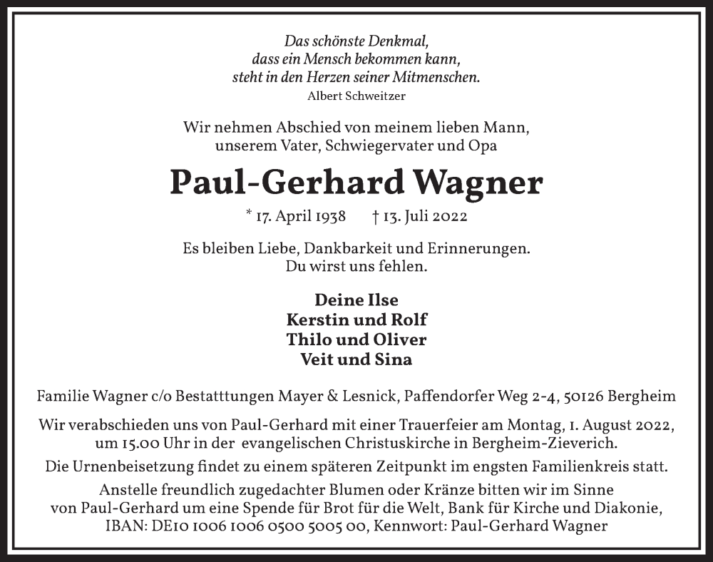  Traueranzeige für Paul-Gerhard Wagner vom 22.07.2022 aus  Werbepost 