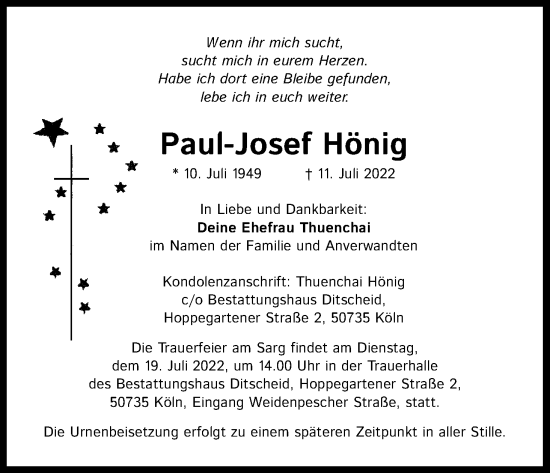 Anzeige von Paul-Josef Hönig von Kölner Stadt-Anzeiger / Kölnische Rundschau / Express
