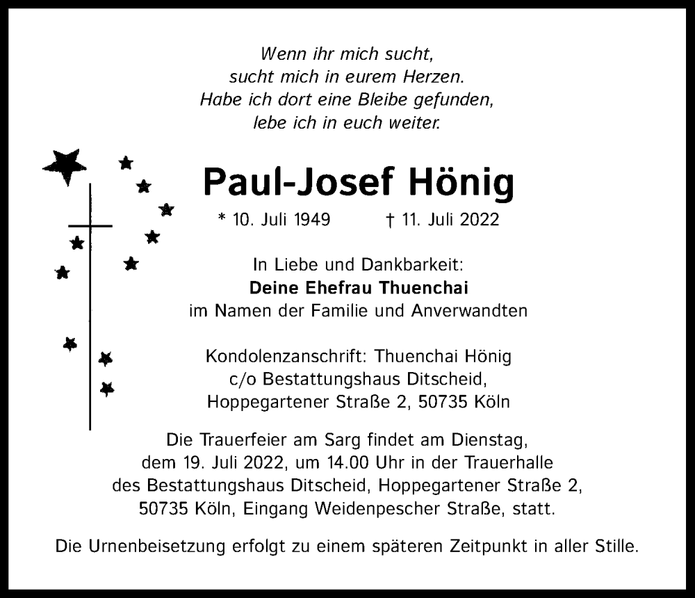  Traueranzeige für Paul-Josef Hönig vom 16.07.2022 aus Kölner Stadt-Anzeiger / Kölnische Rundschau / Express