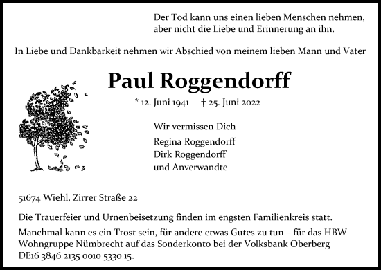 Anzeige von Paul Roggendorff von Kölner Stadt-Anzeiger / Kölnische Rundschau / Express