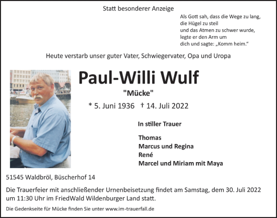 Anzeige von Paul-Willi Wulf von  Lokalanzeiger 
