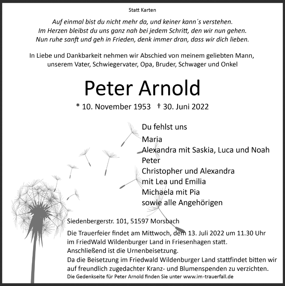  Traueranzeige für Peter Arnold vom 08.07.2022 aus  Lokalanzeiger 