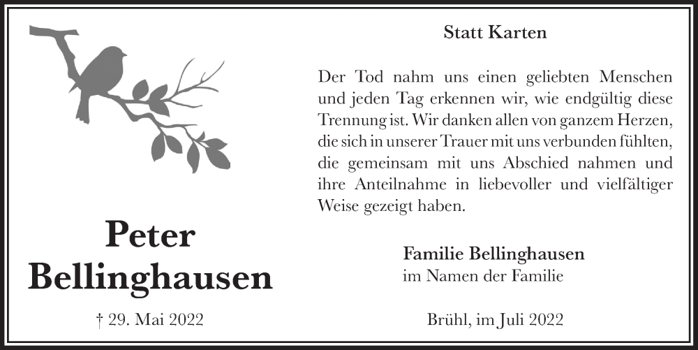  Traueranzeige für Peter Bellinghausen vom 08.07.2022 aus  Schlossbote/Werbekurier 
