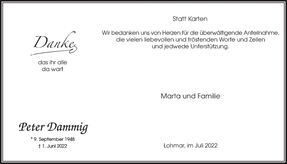  Traueranzeige für Peter Dammig vom 29.07.2022 aus  Extra Blatt 