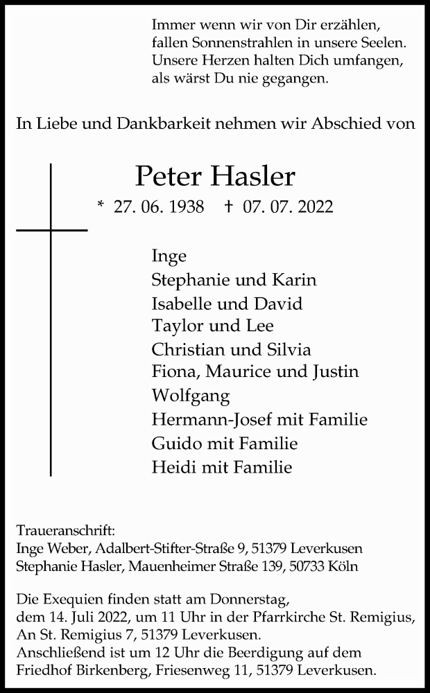  Traueranzeige für Peter Hasler vom 12.07.2022 aus Kölner Stadt-Anzeiger / Kölnische Rundschau / Express