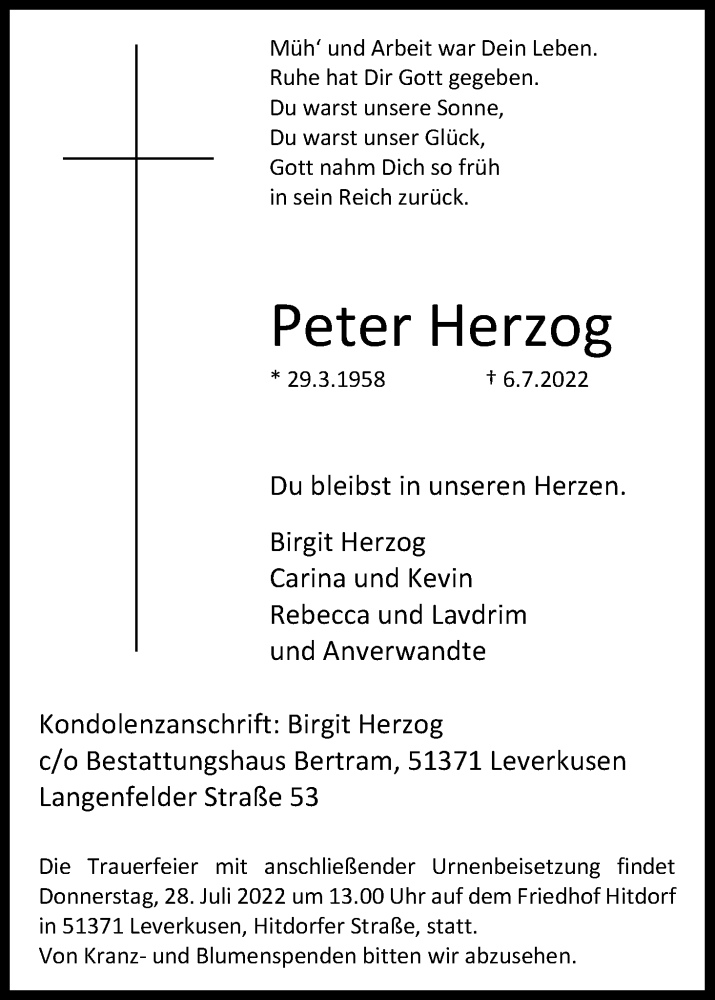  Traueranzeige für Peter Herzog vom 23.07.2022 aus Kölner Stadt-Anzeiger / Kölnische Rundschau / Express