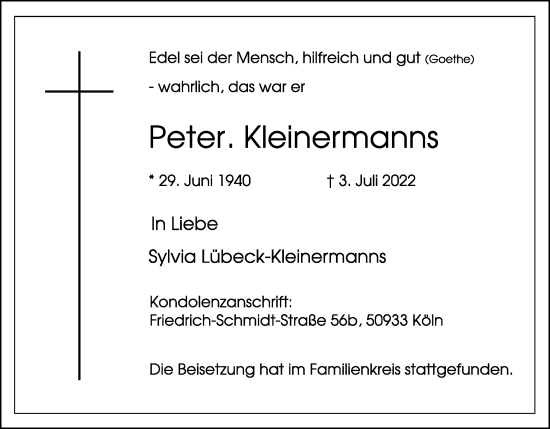Anzeige von Peter Kleinermanns von Kölner Stadt-Anzeiger / Kölnische Rundschau / Express