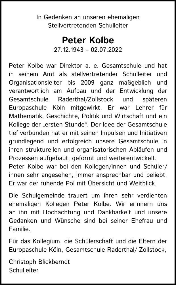  Traueranzeige für Peter Kolbe vom 09.07.2022 aus Kölner Stadt-Anzeiger / Kölnische Rundschau / Express