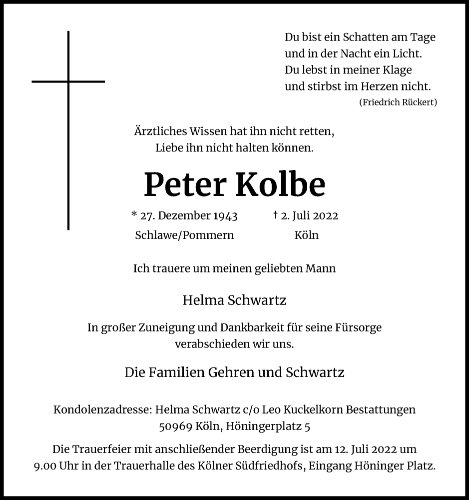  Traueranzeige für Peter Kolbe vom 09.07.2022 aus Kölner Stadt-Anzeiger / Kölnische Rundschau / Express