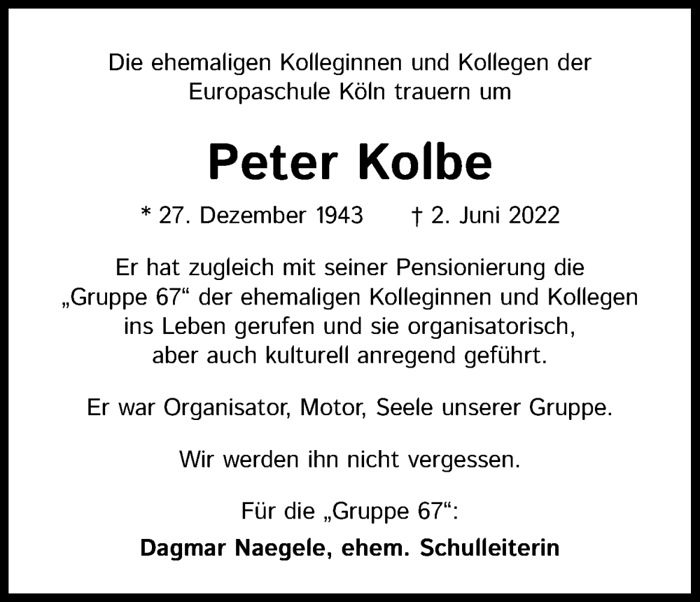  Traueranzeige für Peter Kolbe vom 09.07.2022 aus Kölner Stadt-Anzeiger / Kölnische Rundschau / Express
