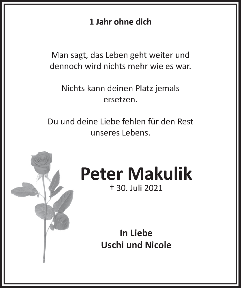 Traueranzeige für Peter Makulik vom 29.07.2022 aus  Bergisches Handelsblatt 