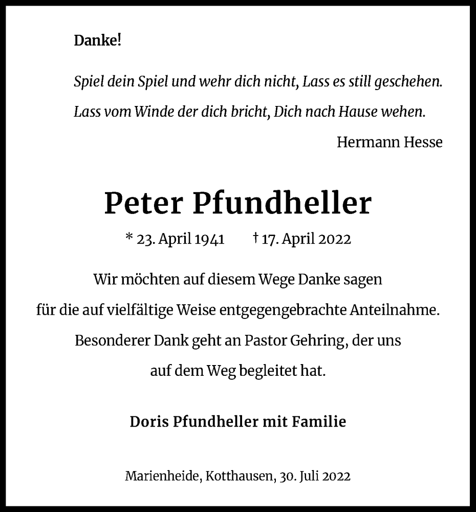  Traueranzeige für Peter Pfundheller vom 30.07.2022 aus Kölner Stadt-Anzeiger / Kölnische Rundschau / Express