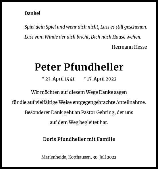 Anzeige von Peter Pfundheller von Kölner Stadt-Anzeiger / Kölnische Rundschau / Express