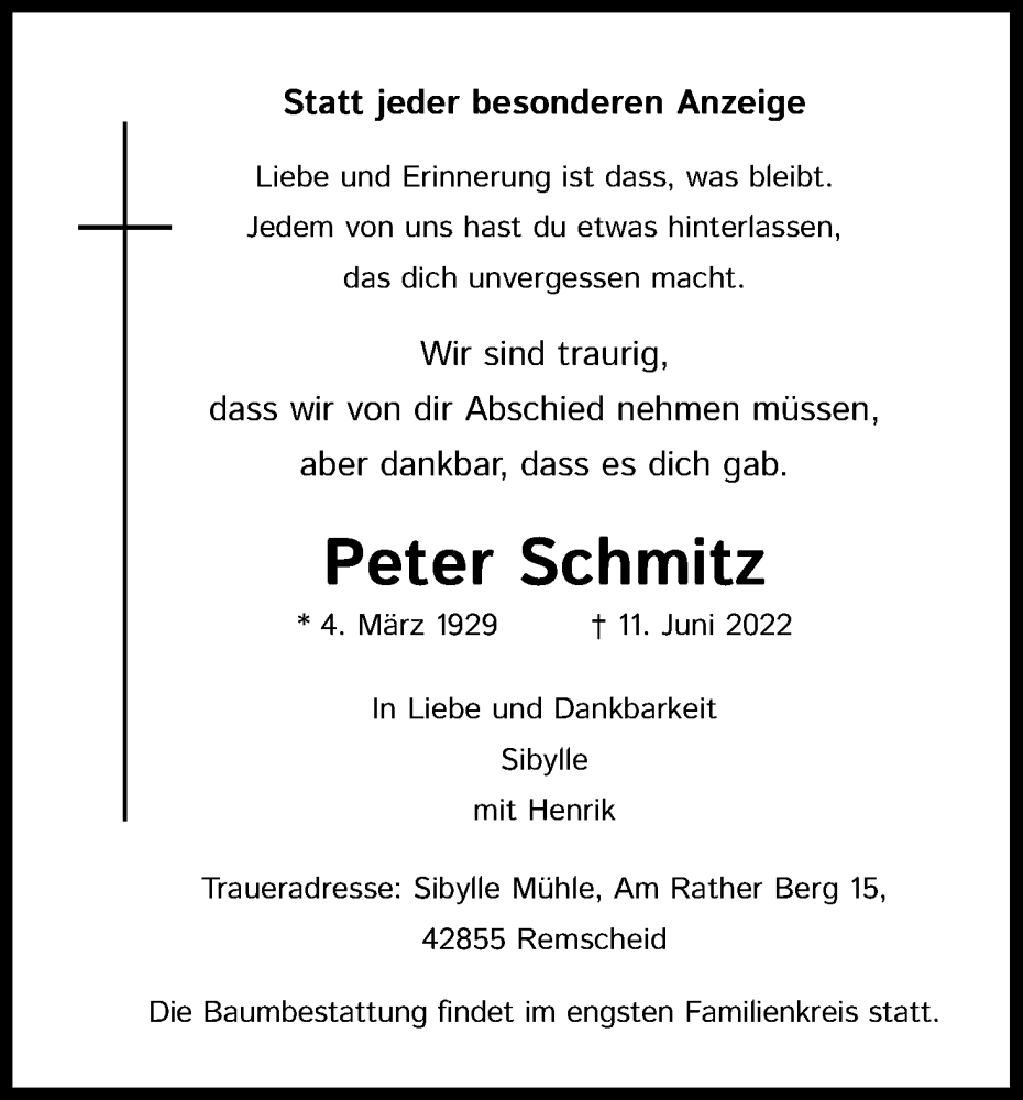  Traueranzeige für Peter Schmitz vom 02.07.2022 aus Kölner Stadt-Anzeiger / Kölnische Rundschau / Express