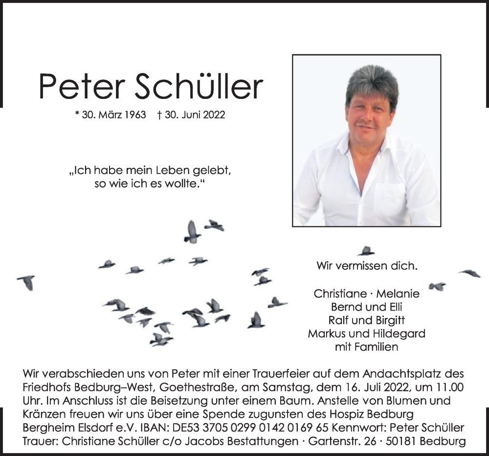 Traueranzeige für Peter Schüller vom 08.07.2022 aus  Werbepost 