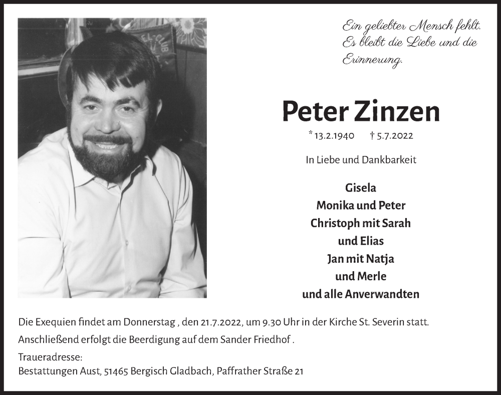  Traueranzeige für Peter Zinzen vom 15.07.2022 aus  Bergisches Handelsblatt 