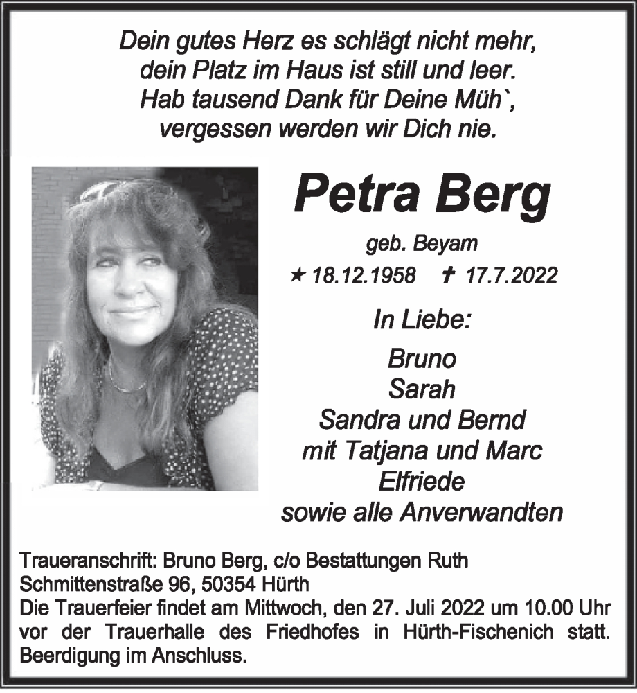  Traueranzeige für Petra Berg vom 22.07.2022 aus  Wochenende 