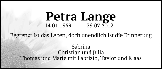 Anzeige von Petra Lange von Kölner Stadt-Anzeiger / Kölnische Rundschau / Express
