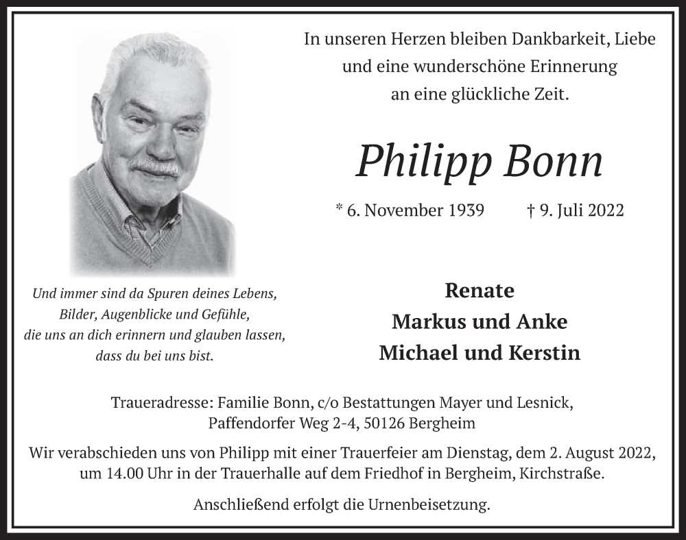  Traueranzeige für Philipp Bonn vom 29.07.2022 aus  Werbepost 