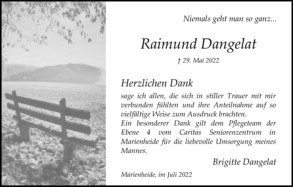  Traueranzeige für Raimund Dangelat vom 23.07.2022 aus Kölner Stadt-Anzeiger / Kölnische Rundschau / Express