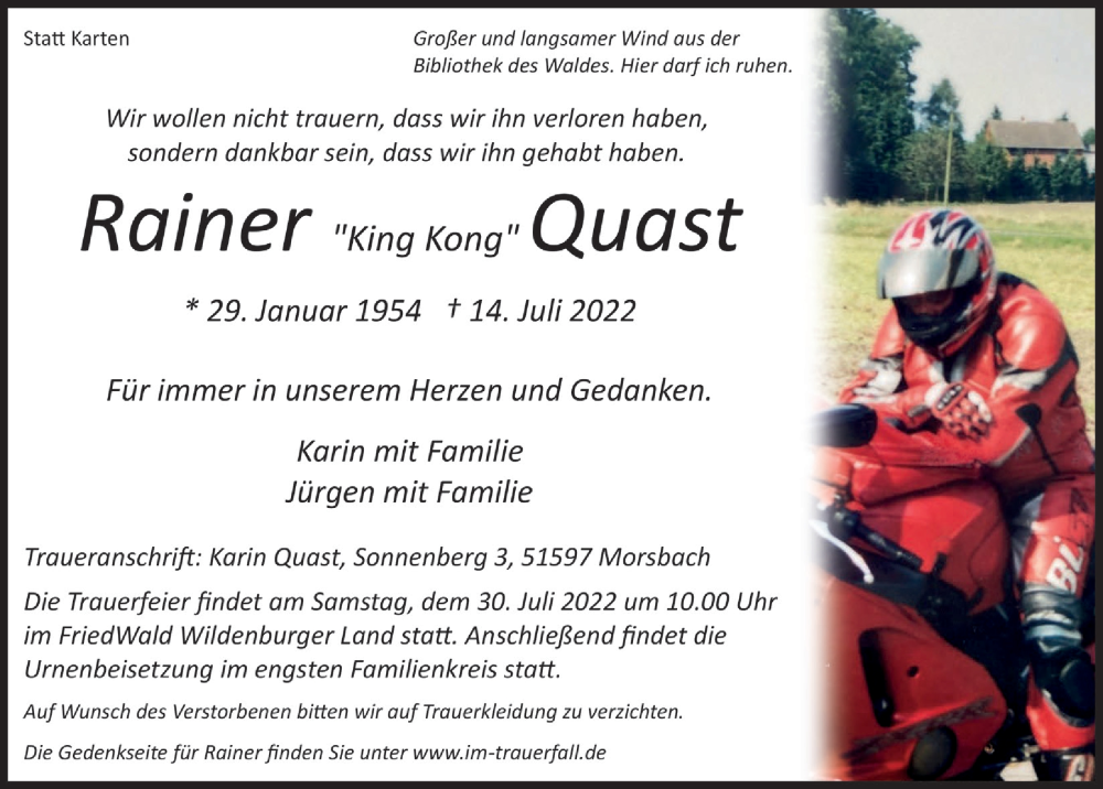  Traueranzeige für Rainer  Quast vom 22.07.2022 aus  Lokalanzeiger 