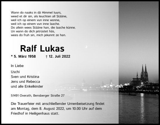 Anzeige von Ralf Lukas von Kölner Stadt-Anzeiger / Kölnische Rundschau / Express