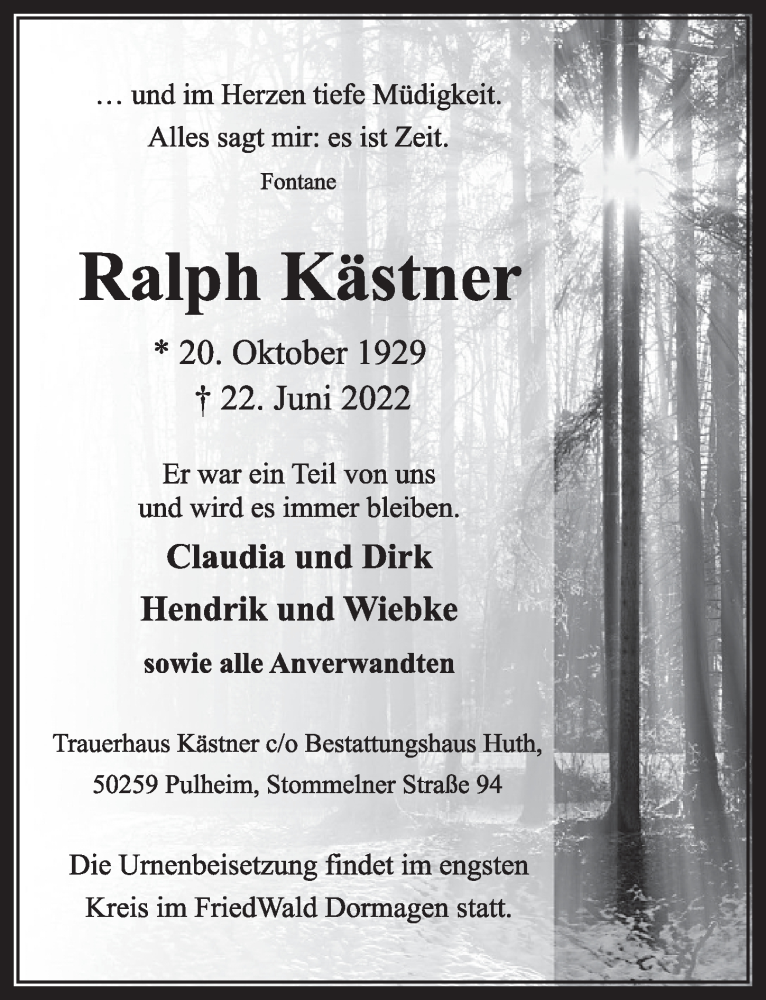  Traueranzeige für Ralph Kästner vom 08.07.2022 aus  Wochenende 