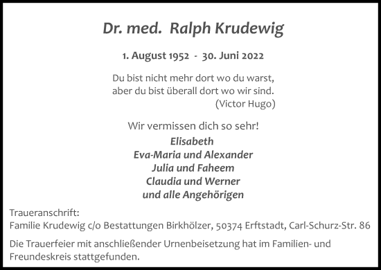 Anzeige von Ralph Krudewig von Kölner Stadt-Anzeiger / Kölnische Rundschau / Express