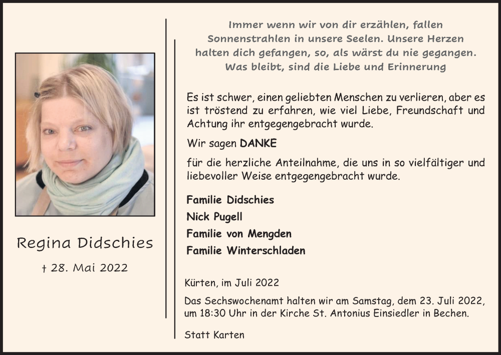  Traueranzeige für Regina Didschies vom 16.07.2022 aus Kölner Stadt-Anzeiger / Kölnische Rundschau / Express