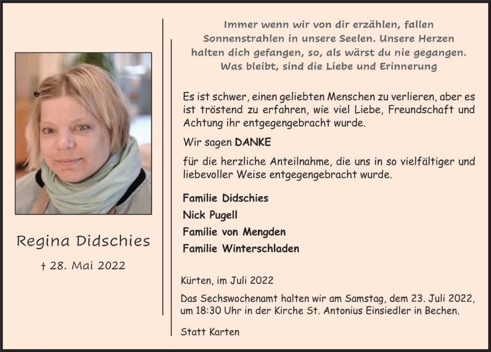  Traueranzeige für Regina Didschies vom 15.07.2022 aus  Bergisches Handelsblatt 