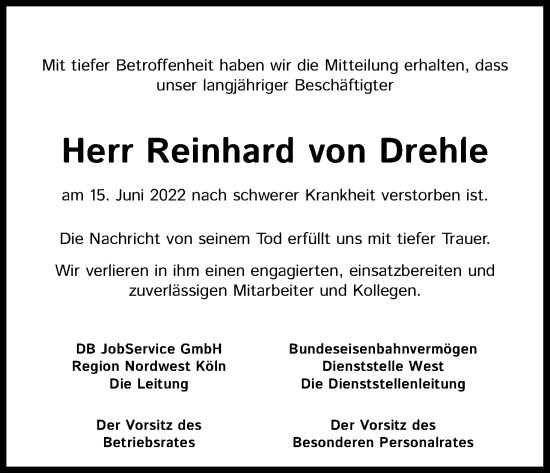 Anzeige von Reinhard von Drehle von Kölner Stadt-Anzeiger / Kölnische Rundschau / Express