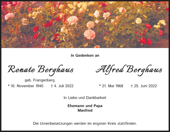 Anzeige von Renate Berghaus von Kölner Stadt-Anzeiger / Kölnische Rundschau / Express