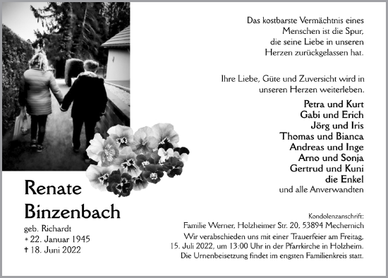 Anzeige von Renate Binzenbach von  Blickpunkt Euskirchen 