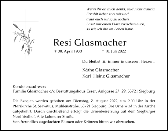 Anzeige von Resi Glasmacher von Kölner Stadt-Anzeiger / Kölnische Rundschau / Express