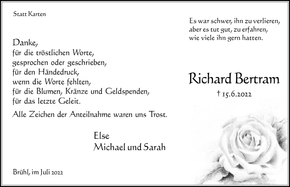  Traueranzeige für Richard Bertram vom 15.07.2022 aus  Schlossbote/Werbekurier 