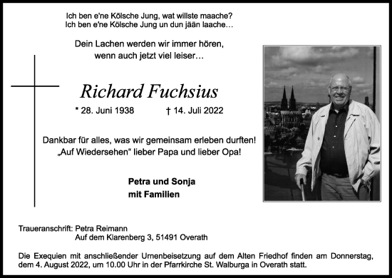 Anzeige von Richard Fuchsius von Kölner Stadt-Anzeiger / Kölnische Rundschau / Express